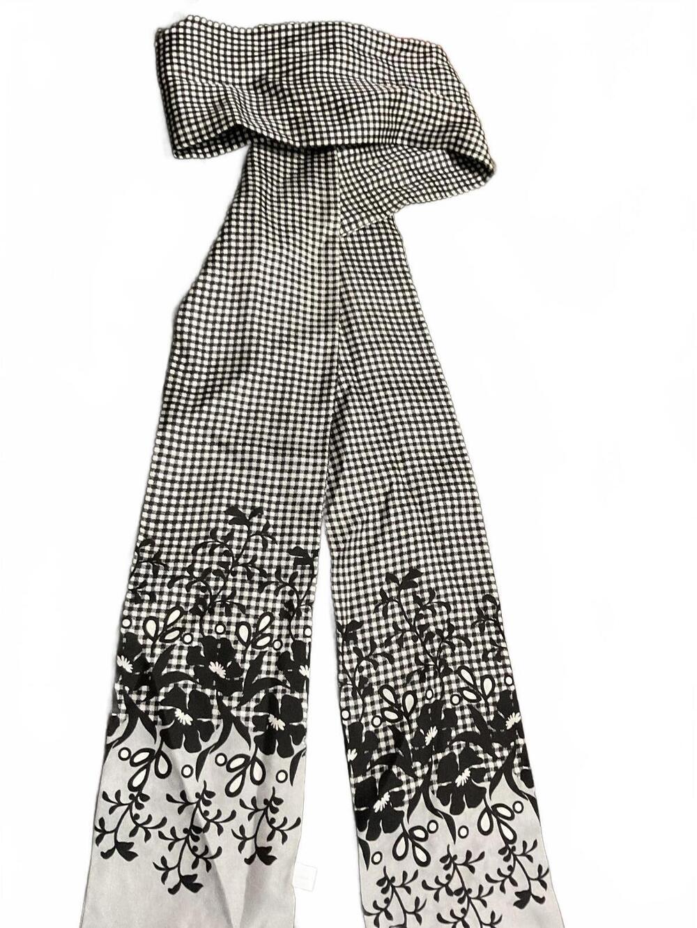 Talbots Black and White Silk Scarf with Floral and Checkered Pattern